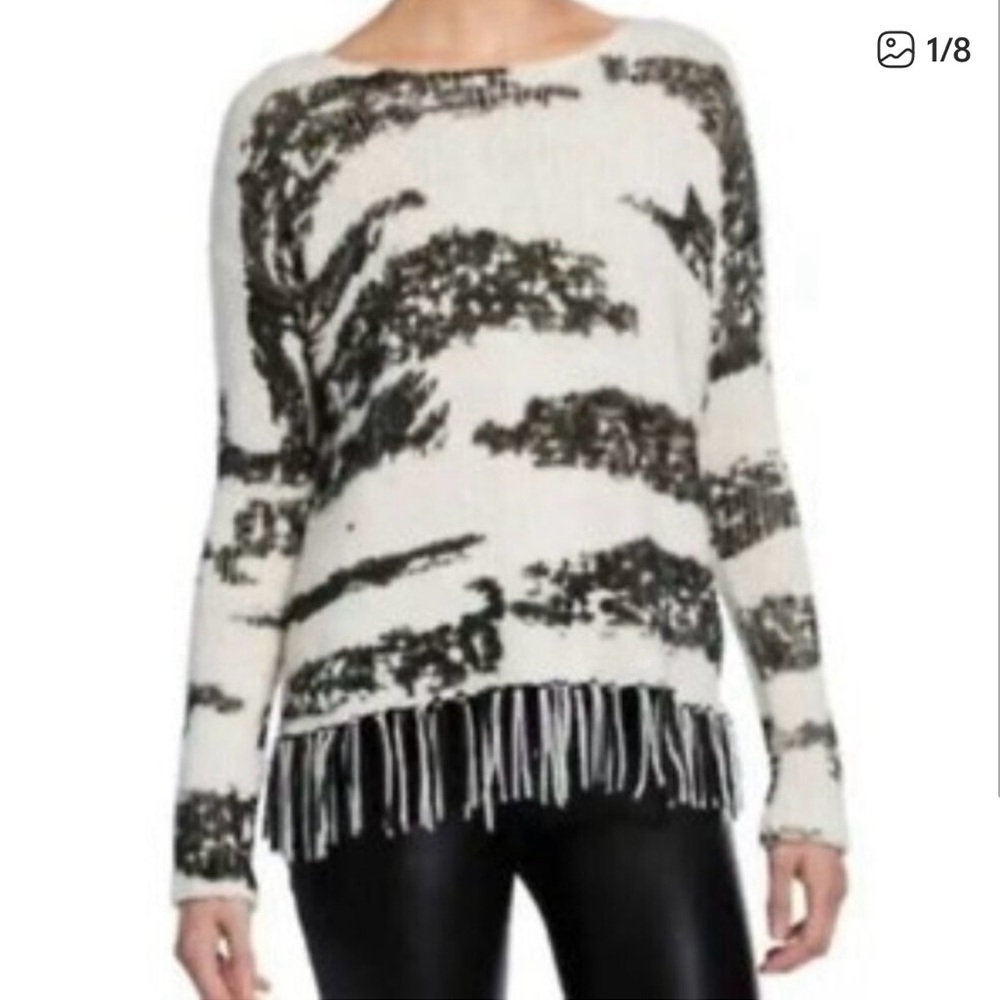 Lisa Todd Black and White Zebra Fringe Sweater, Size XS